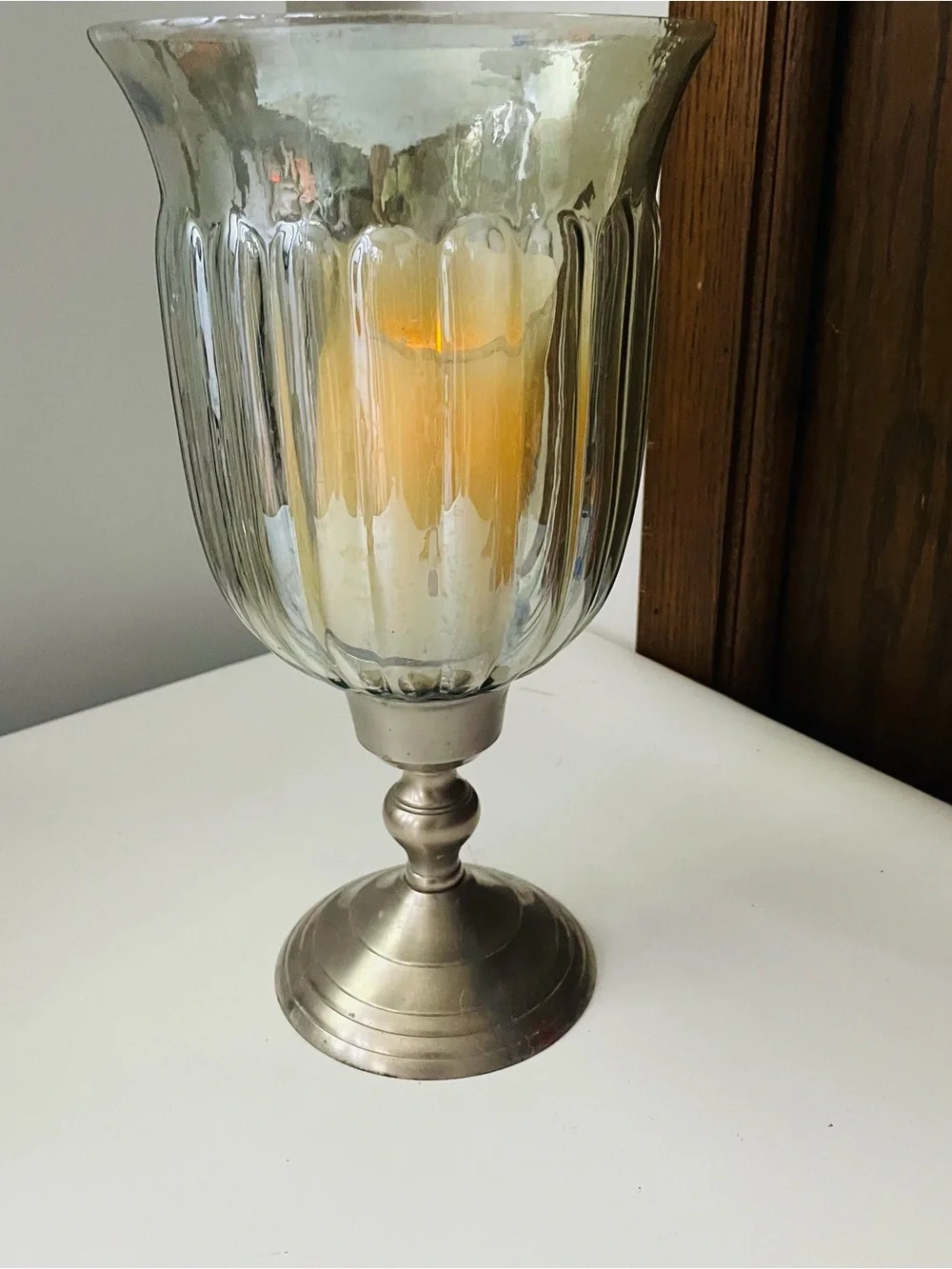 Classic Glass Hurricane Candle Holder with Pewter Base - Clear/Silver